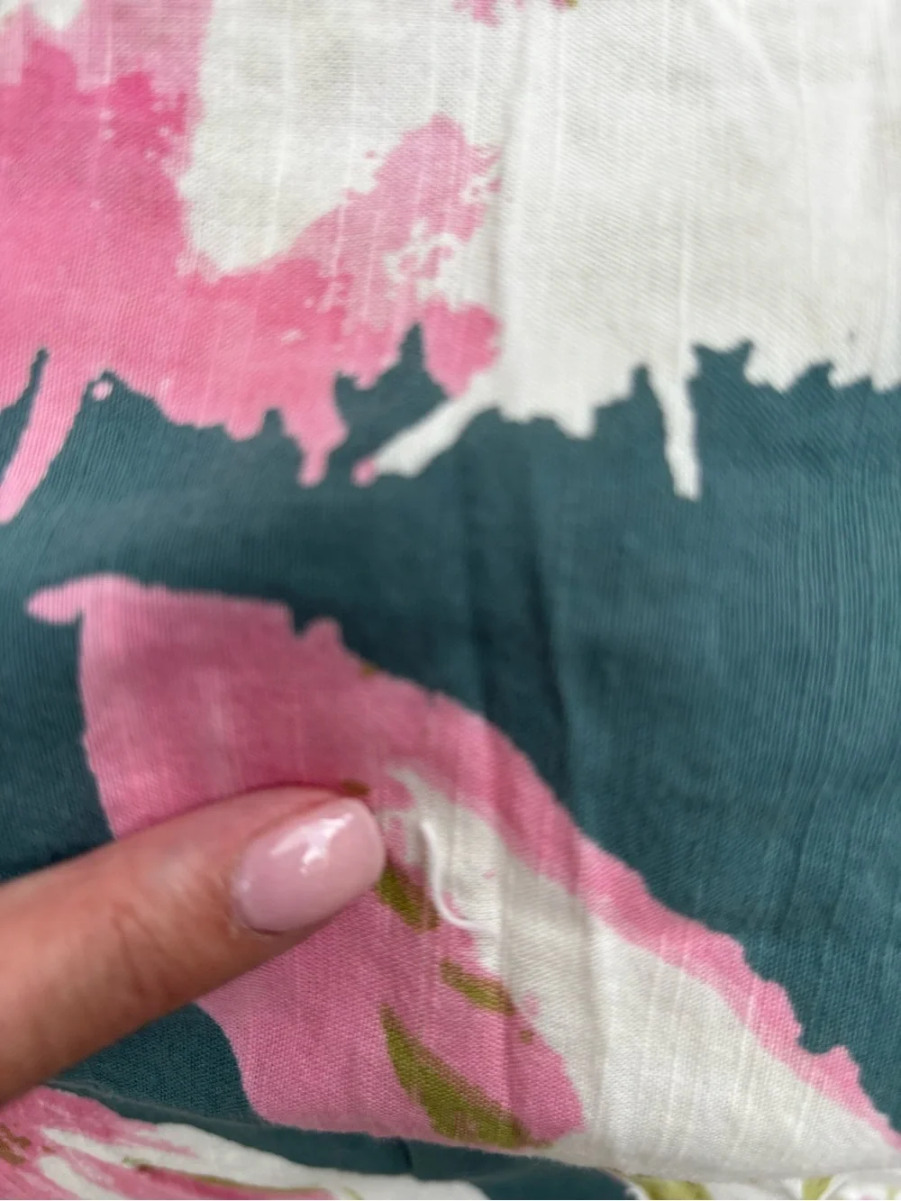 Anthropologie Teal Floral Duvet Cover with Pink Blooms and Olive Stripe Trim